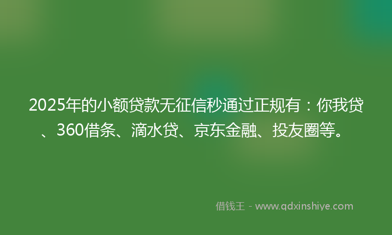 2025年的小额贷款无征信秒通过正规有：你我贷、360借条、滴水贷、京东金融、投友圈等。