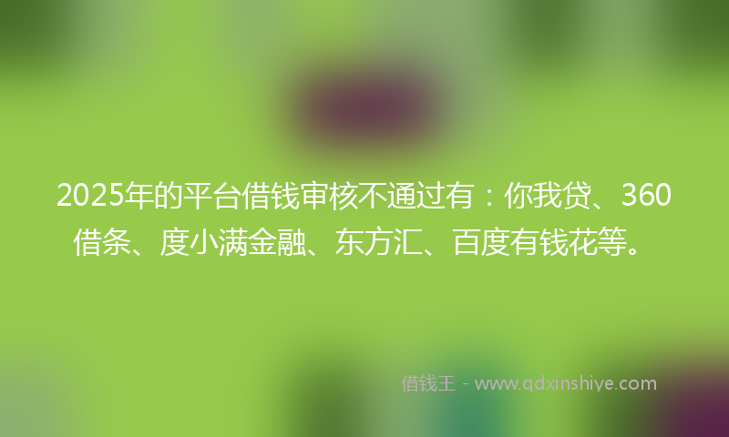 2025年的平台借钱审核不通过有：你我贷、360借条、度小满金融、东方汇、百度有钱花等。