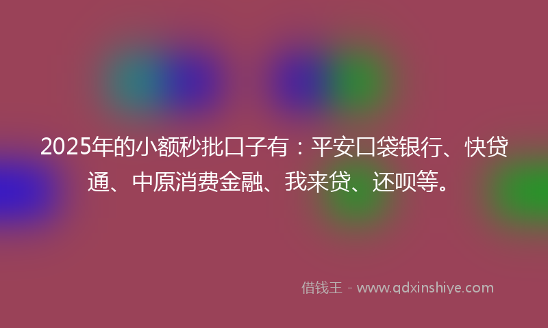 2025年的小额秒批口子有：平安口袋银行、快贷通、中原消费金融、我来贷、还呗等。