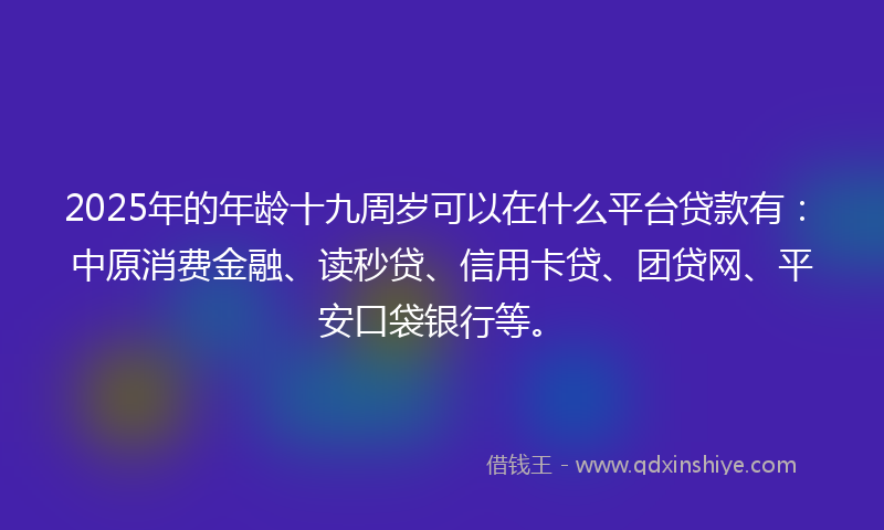 2025年的年龄十九周岁可以在什么平台贷款有：中原消费金融、读秒贷、信用卡贷、团贷网、平安口袋银行等。