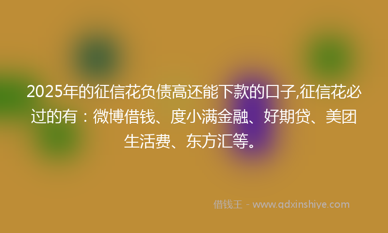 2025年的征信花负债高还能下款的口子,征信花必过的有：微博借钱、度小满金融、好期贷、美团生活费、东方汇等。