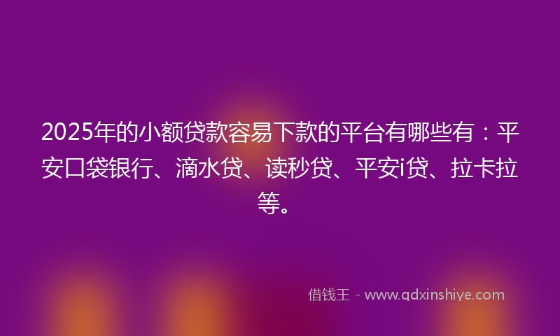 2025年的小额贷款容易下款的平台有哪些有：平安口袋银行、滴水贷、读秒贷、平安i贷、拉卡拉等。