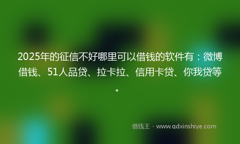 2025年的征信不好哪里可以借钱的软件有：微博借钱、51人品贷、拉卡拉、信用卡贷、你我贷等。
