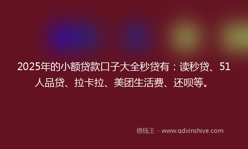 2025年的小额贷款口子大全秒贷有：读秒贷、51人品贷、拉卡拉、美团生活费、还呗等。