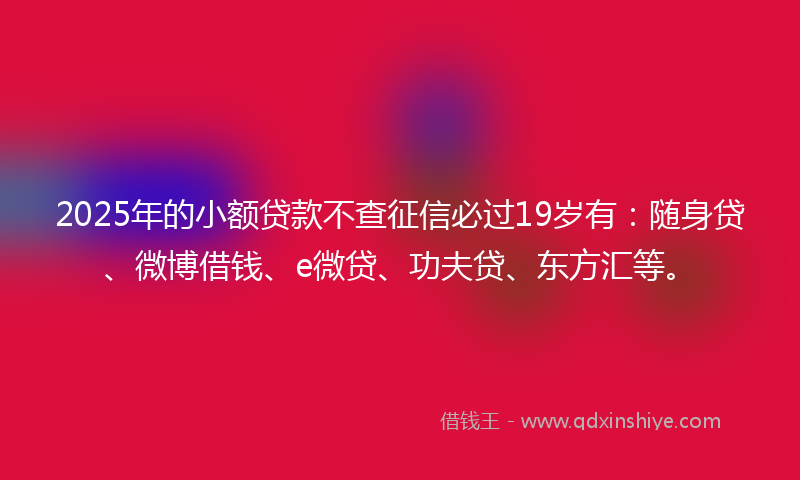 2025年的小额贷款不查征信必过19岁有：随身贷、微博借钱、e微贷、功夫贷、东方汇等。