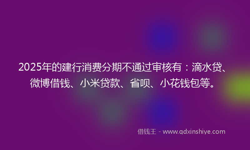 2025年的建行消费分期不通过审核有：滴水贷、微博借钱、小米贷款、省呗、小花钱包等。