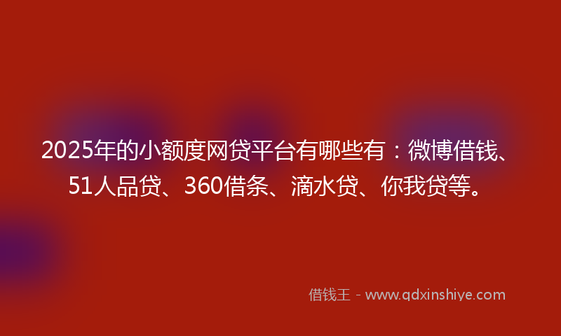 2025年的小额度网贷平台有哪些有：微博借钱、51人品贷、360借条、滴水贷、你我贷等。