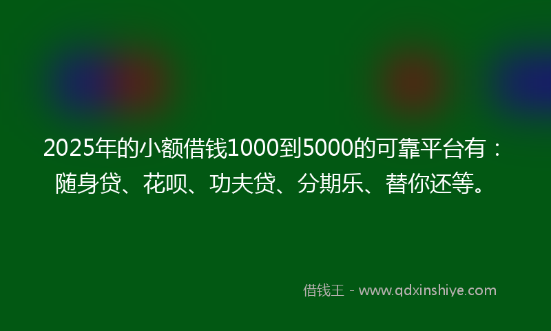 2025年的小额借钱1000到5000的可靠平台有：随身贷、花呗、功夫贷、分期乐、替你还等。