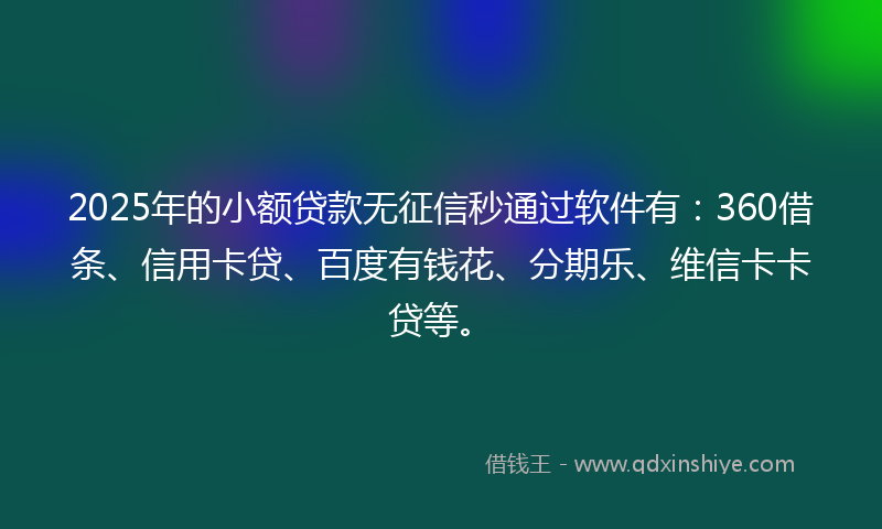 2025年的小额贷款无征信秒通过软件有：360借条、信用卡贷、百度有钱花、分期乐、维信卡卡贷等。