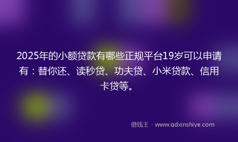 2025年的小额贷款有哪些正规平台19岁可以申请有：替你还、读秒贷、功夫贷、小米贷款、信用卡贷等。