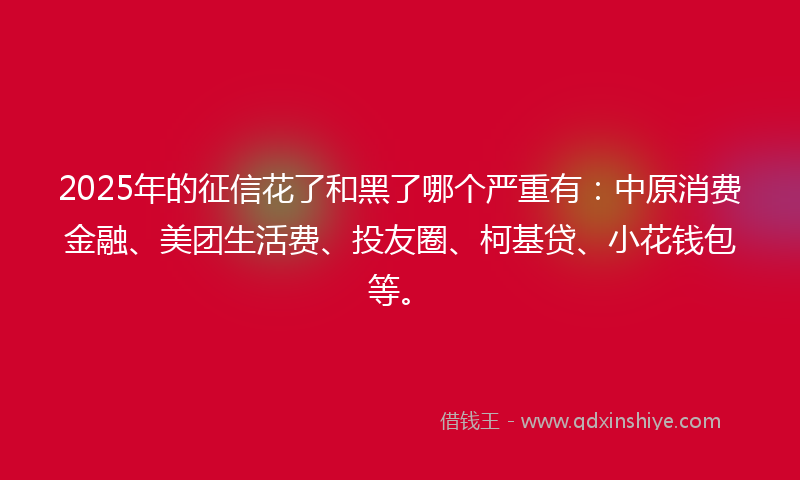 2025年的征信花了和黑了哪个严重有：中原消费金融、美团生活费、投友圈、柯基贷、小花钱包等。