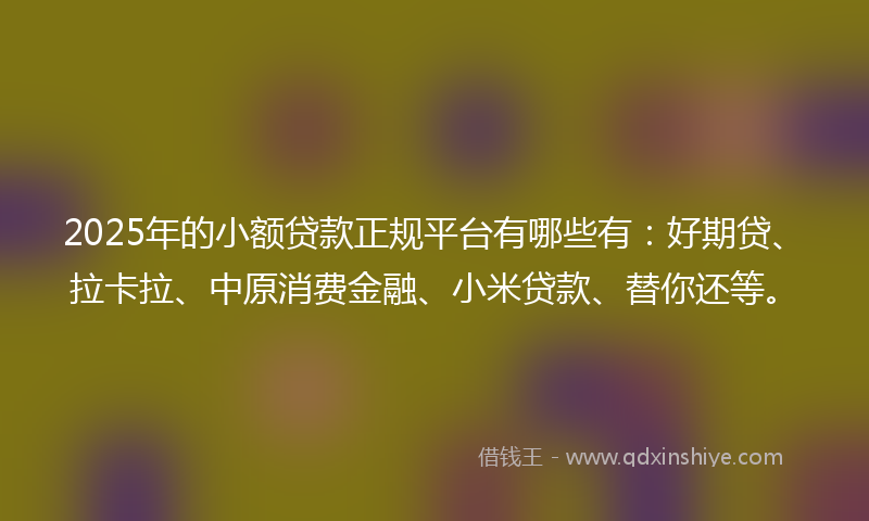 2025年的小额贷款正规平台有哪些有：好期贷、拉卡拉、中原消费金融、小米贷款、替你还等。