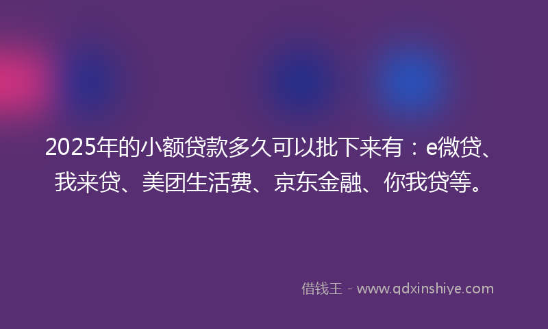 2025年的小额贷款多久可以批下来有：e微贷、我来贷、美团生活费、京东金融、你我贷等。