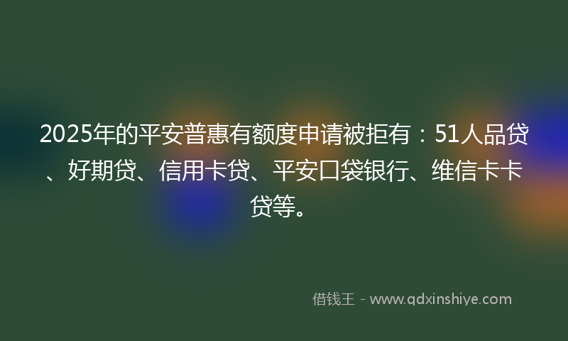 2025年的平安普惠有额度申请被拒有：51人品贷、好期贷、信用卡贷、平安口袋银行、维信卡卡贷等。