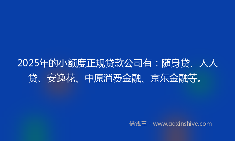 2025年的小额度正规贷款公司有：随身贷、人人贷、安逸花、中原消费金融、京东金融等。