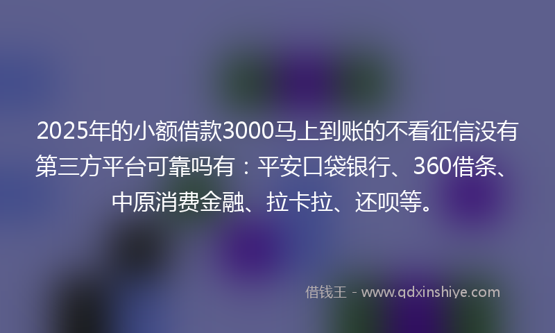 2025年的小额借款3000马上到账的不看征信没有第三方平台可靠吗有：平安口袋银行、360借条、中原消费金融、拉卡拉、还呗等。