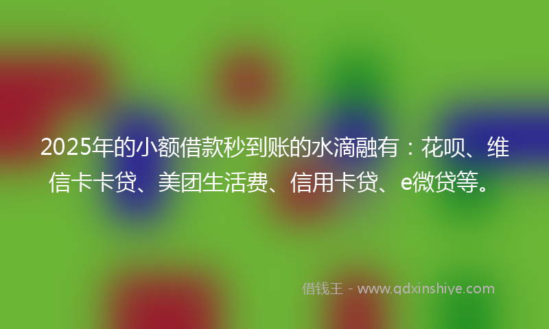 2025年的小额借款秒到账的水滴融有：花呗、维信卡卡贷、美团生活费、信用卡贷、e微贷等。