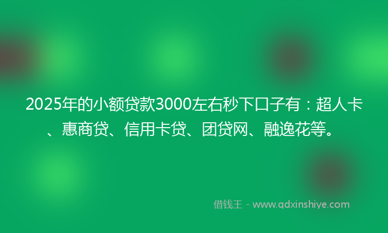 2025年的小额贷款3000左右秒下口子有：超人卡、惠商贷、信用卡贷、团贷网、融逸花等。