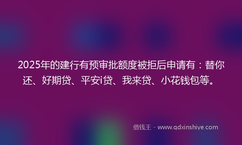 2025年的建行有预审批额度被拒后申请有：替你还、好期贷、平安i贷、我来贷、小花钱包等。