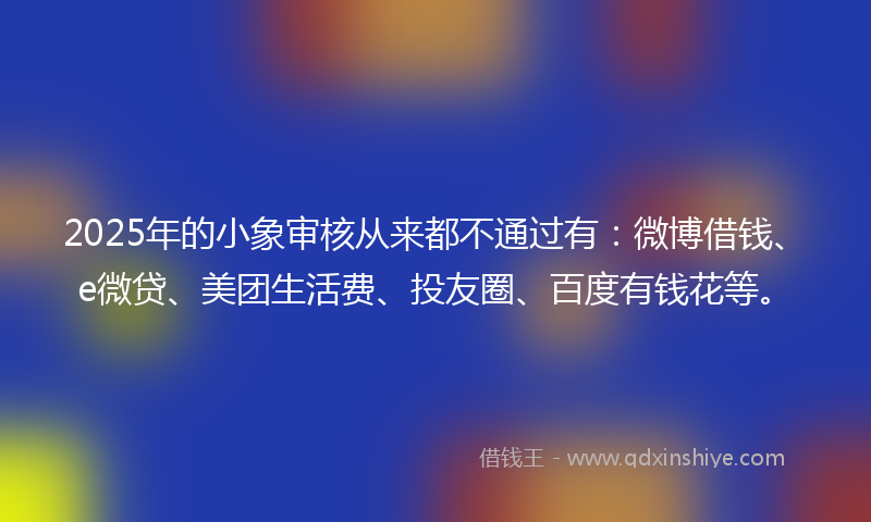 2025年的小象审核从来都不通过有：微博借钱、e微贷、美团生活费、投友圈、百度有钱花等。