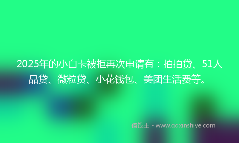 2025年的小白卡被拒再次申请有：拍拍贷、51人品贷、微粒贷、小花钱包、美团生活费等。