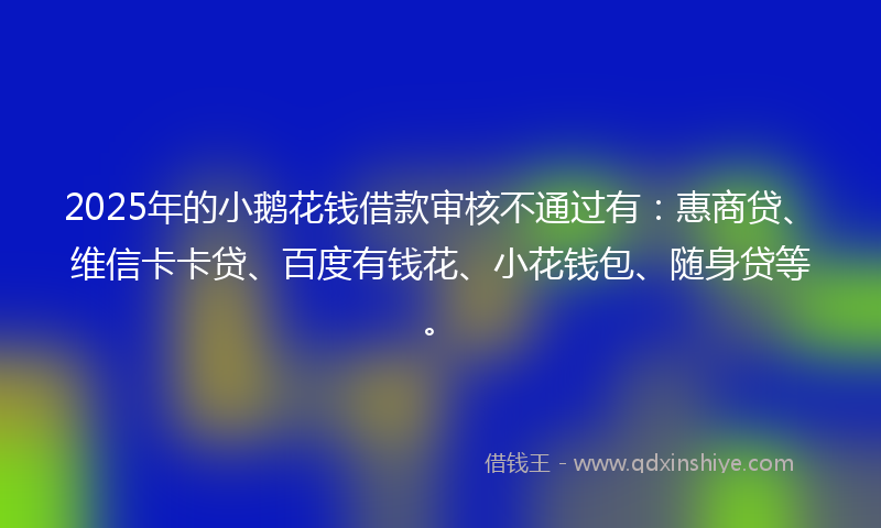 2025年的小鹅花钱借款审核不通过有：惠商贷、维信卡卡贷、百度有钱花、小花钱包、随身贷等。