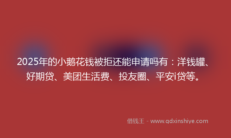 2025年的小鹅花钱被拒还能申请吗有：洋钱罐、好期贷、美团生活费、投友圈、平安i贷等。