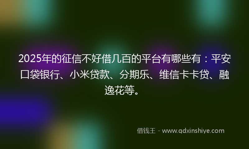 2025年的征信不好借几百的平台有哪些有：平安口袋银行、小米贷款、分期乐、维信卡卡贷、融逸花等。