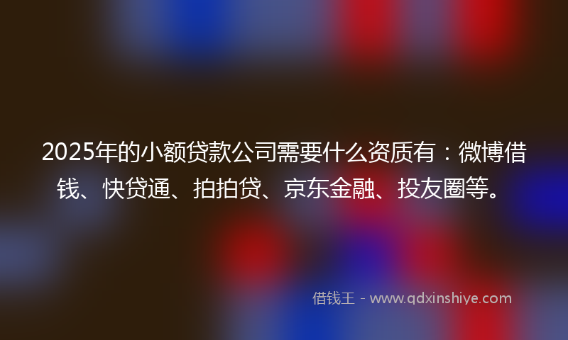 2025年的小额贷款公司需要什么资质有：微博借钱、快贷通、拍拍贷、京东金融、投友圈等。