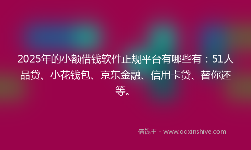 2025年的小额借钱软件正规平台有哪些有：51人品贷、小花钱包、京东金融、信用卡贷、替你还等。