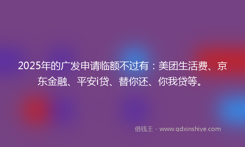 2025年的广发申请临额不过有：美团生活费、京东金融、平安i贷、替你还、你我贷等。