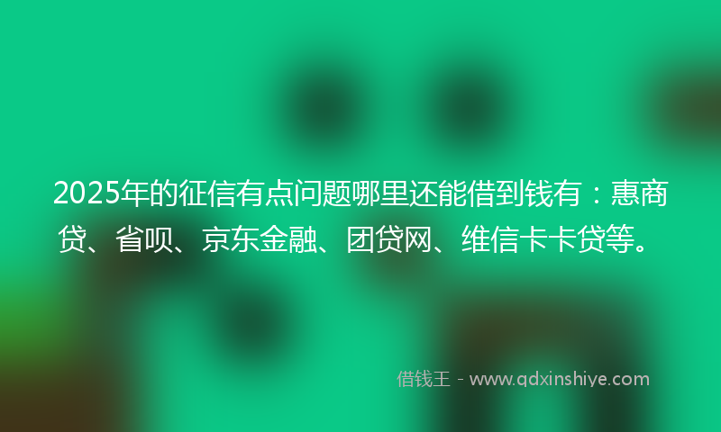 2025年的征信有点问题哪里还能借到钱有：惠商贷、省呗、京东金融、团贷网、维信卡卡贷等。