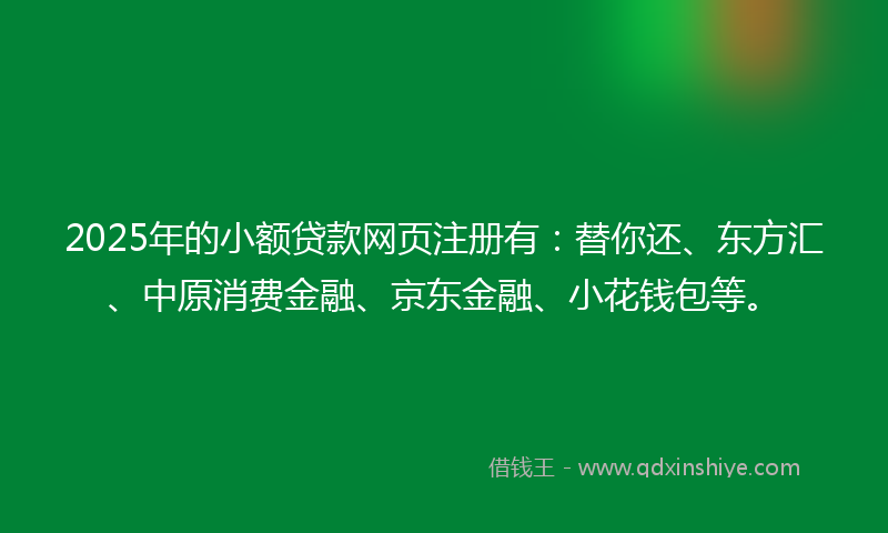 2025年的小额贷款网页注册有：替你还、东方汇、中原消费金融、京东金融、小花钱包等。