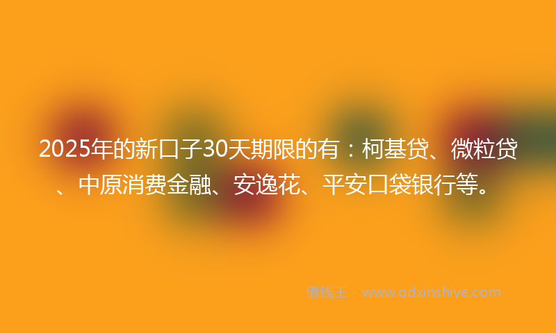 2025年的新口子30天期限的有：柯基贷、微粒贷、中原消费金融、安逸花、平安口袋银行等。