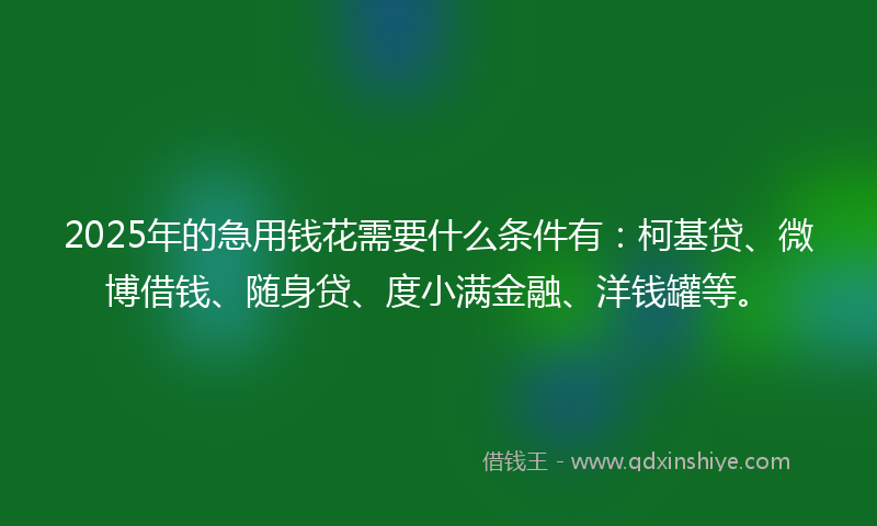 2025年的急用钱花需要什么条件有：柯基贷、微博借钱、随身贷、度小满金融、洋钱罐等。
