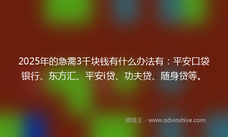 2025年的急需3千块钱有什么办法有：平安口袋银行、东方汇、平安i贷、功夫贷、随身贷等。
