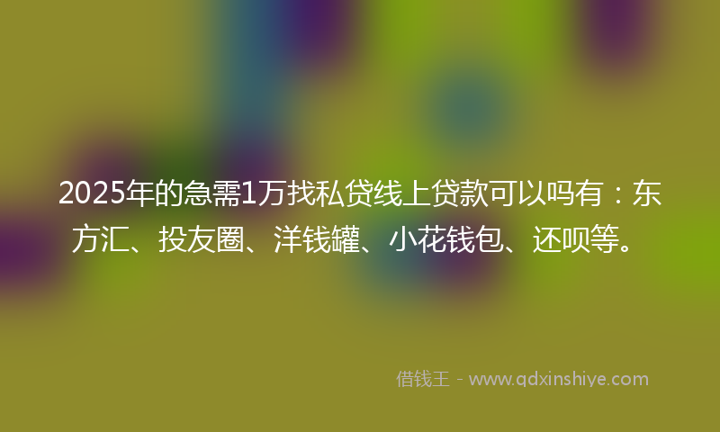 2025年的急需1万找私贷线上贷款可以吗有：东方汇、投友圈、洋钱罐、小花钱包、还呗等。