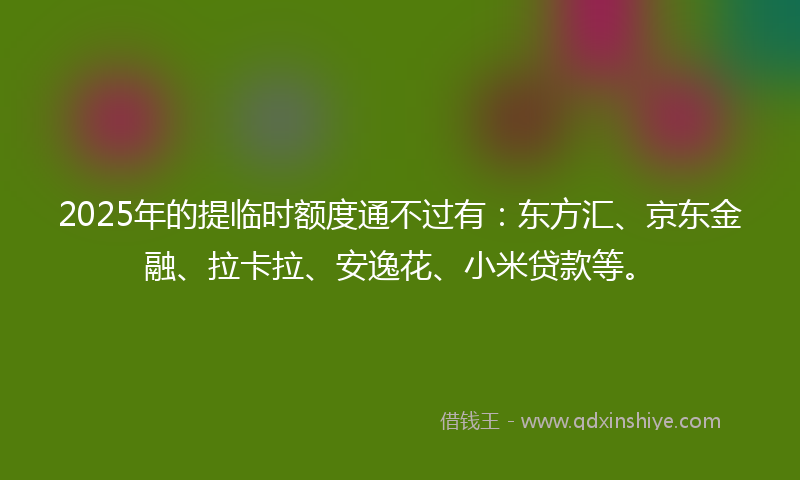 2025年的提临时额度通不过有：东方汇、京东金融、拉卡拉、安逸花、小米贷款等。
