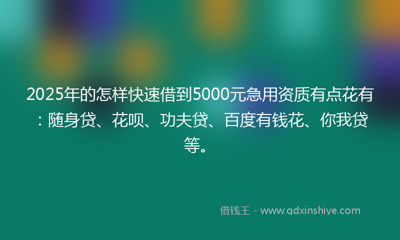 2025年的怎样快速借到5000元急用资质有点花有：随身贷、花呗、功夫贷、百度有钱花、你我贷等。