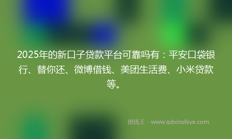 2025年的新口子贷款平台可靠吗有：平安口袋银行、替你还、微博借钱、美团生活费、小米贷款等。
