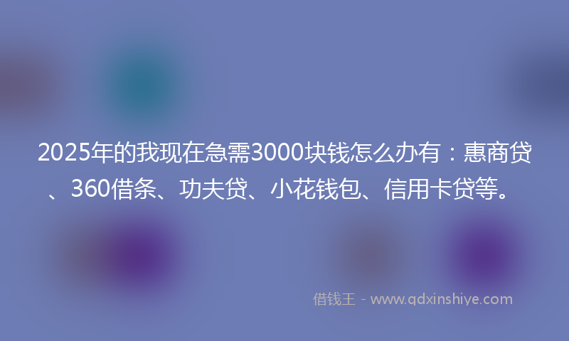 2025年的我现在急需3000块钱怎么办有：惠商贷、360借条、功夫贷、小花钱包、信用卡贷等。
