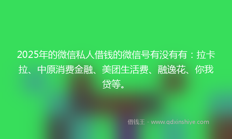 2025年的微信私人借钱的微信号有没有有：拉卡拉、中原消费金融、美团生活费、融逸花、你我贷等。