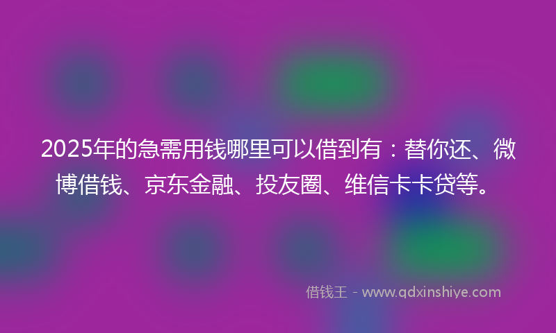 2025年的急需用钱哪里可以借到有：替你还、微博借钱、京东金融、投友圈、维信卡卡贷等。