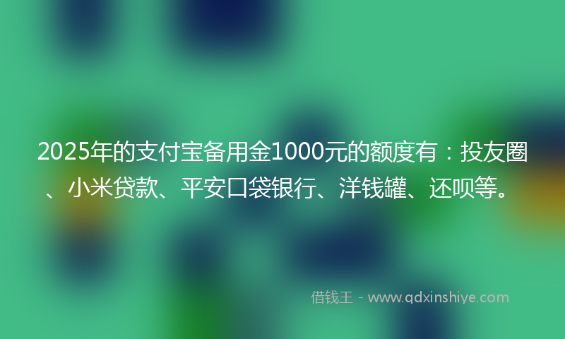 2025年的支付宝备用金1000元的额度有：投友圈、小米贷款、平安口袋银行、洋钱罐、还呗等。