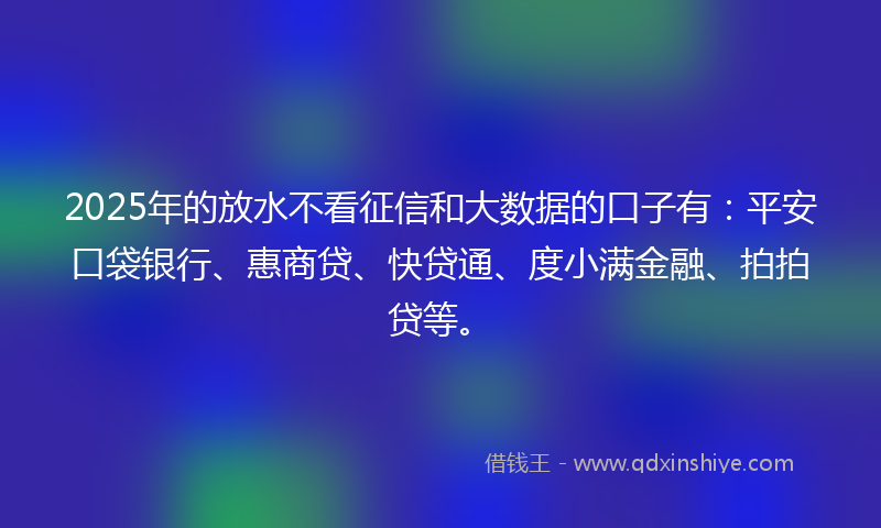 2025年的放水不看征信和大数据的口子有：平安口袋银行、惠商贷、快贷通、度小满金融、拍拍贷等。