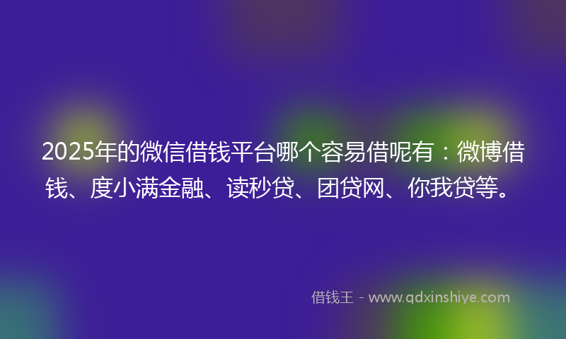 2025年的微信借钱平台哪个容易借呢有：微博借钱、度小满金融、读秒贷、团贷网、你我贷等。