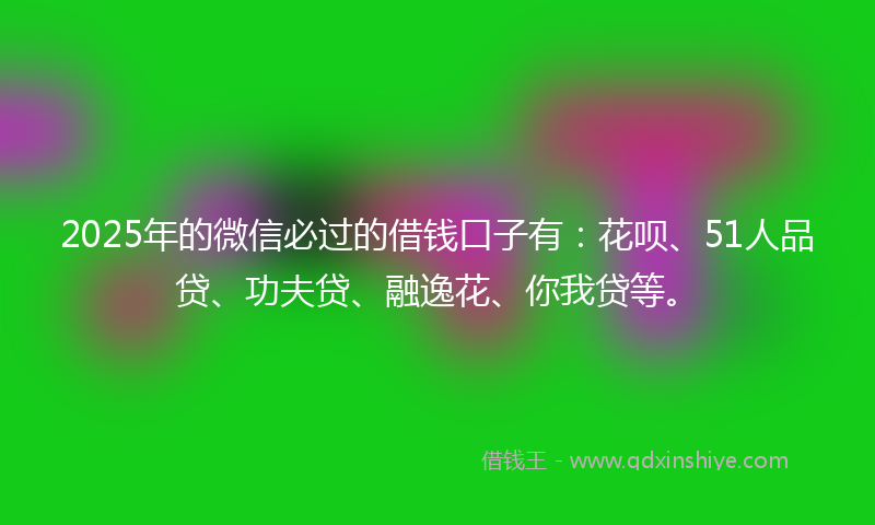 2025年的微信必过的借钱口子有：花呗、51人品贷、功夫贷、融逸花、你我贷等。