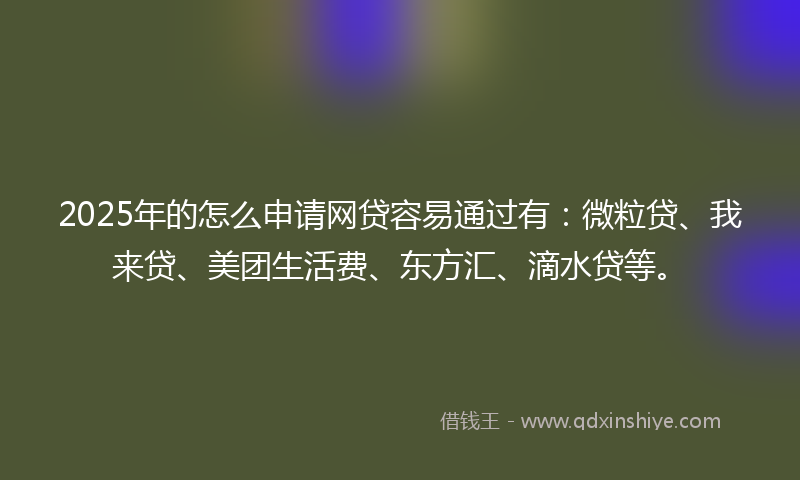 2025年的怎么申请网贷容易通过有：微粒贷、我来贷、美团生活费、东方汇、滴水贷等。