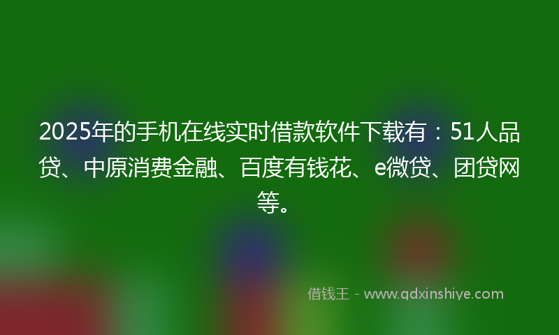 2025年的手机在线实时借款软件下载有：51人品贷、中原消费金融、百度有钱花、e微贷、团贷网等。