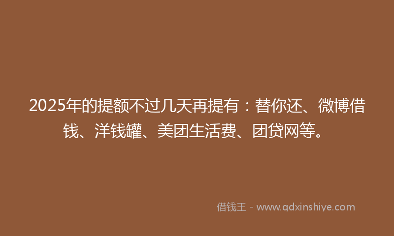 2025年的提额不过几天再提有：替你还、微博借钱、洋钱罐、美团生活费、团贷网等。